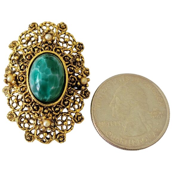 Gold Tone Vintage Oval Filigree Green Mottled Cab Faux Pearl Brooch E851 - Picture 6 of 9